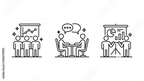 Business people icons with graphs and charts in meeting room settings