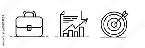 Line icons of briefcase document with graph and target with arrow