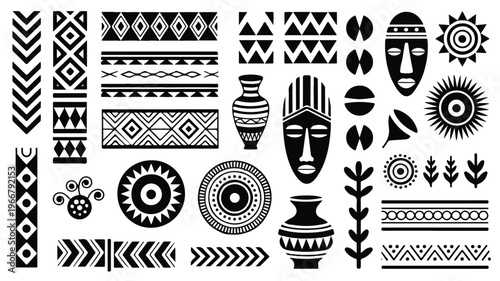 African tribal patterns and symbols collection on white background