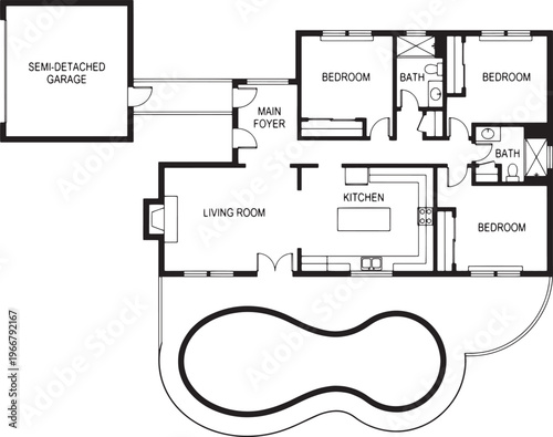 Architectural floor plan that unveils the structure with precision and clarity, showing a semi-detached garage with bedroom, bath, kitchen and other rooms. 