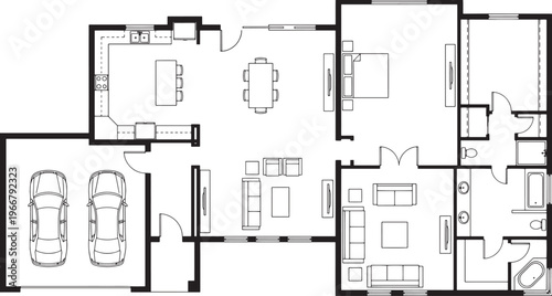 A meticulously crafted architectural blueprint showcases the layout of a modern dwelling, with a detailed perspective.