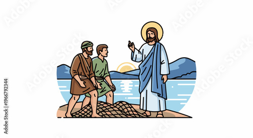 A figure with a halo speaks to two men by a body of water