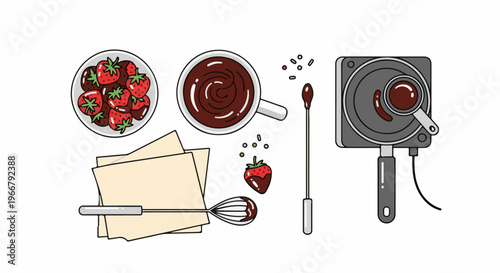 A flat illustration of chocolate-covered strawberries and tools for preparation