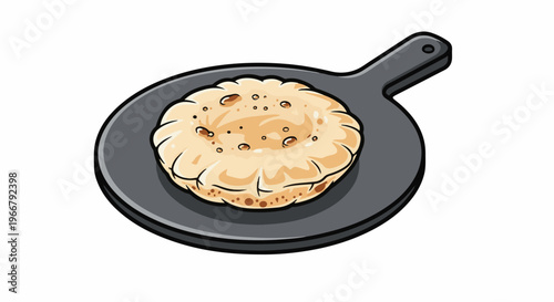 A flatbread is depicted on a dark gray griddle with a handle