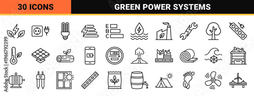 Energy Efficiency and Renewable Power Minimalist Monoline Geometric Line Art Set for Sustainable Technology and Green Infrastructure