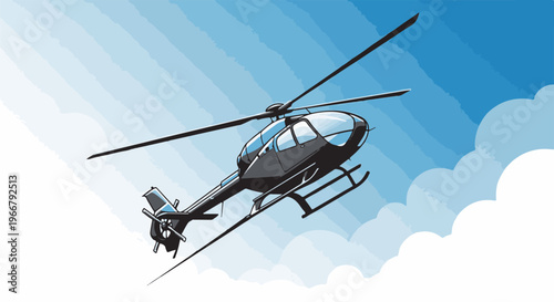 A grey helicopter soars through a gradient sky with soft white clouds