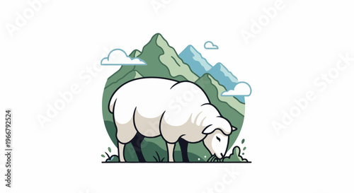 A fluffy white sheep grazes peacefully amidst rolling green mountains and soft clouds