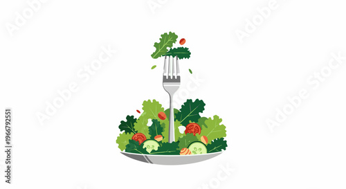 A fork pierces a vibrant salad of greens, tomatoes, and cucumbers on a plate