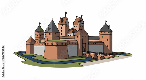 A fortified brick castle with multiple towers and a moat