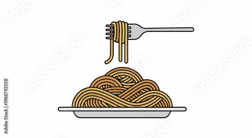 A fork lifts a portion of spaghetti from a plate of pasta