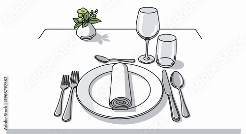 A formal place setting with a white plate, rolled napkin, silverware, and glassware