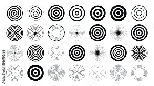 Black and white circular graphic design elements with concentric circles and radial patterns