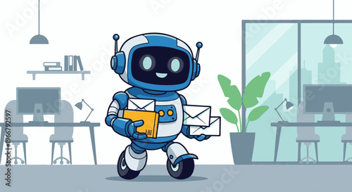 A friendly blue robot delivers mail in a modern office environment