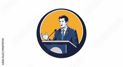 A man in a suit speaks at a podium, framed by a circular design