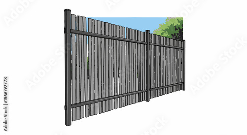 A grey wooden fence with metal posts separates a yard from trees and sky