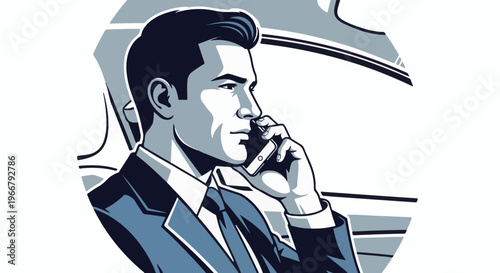 A man in a suit talks on his phone inside a car