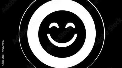 Minimalist white happy face emoji icon with a smiling emoticon in a circular frame, representing positive emotion and happiness.
