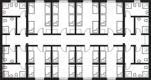 Blueprint of a Dormitory Plan: An overhead perspective depicts a detailed blueprint of a dormitory layout. The design showcases rows of bedrooms, bathrooms, and corridors. 