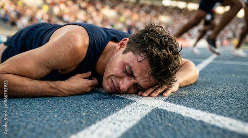 Emotional young male athlete lying on a blue running track and crying in disappointment after losing a race in a crowded stadium