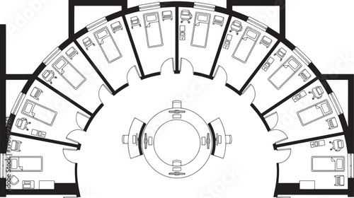 Architectural design of a unique lodging establishment, revealing a semicircular floor plan with an emphasis on symmetry and spaciousness. 