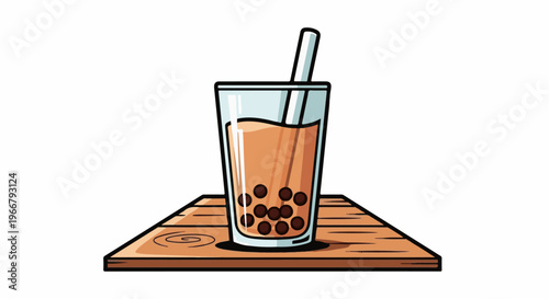 A glass of iced tea with dark pearls and a straw on a wooden board