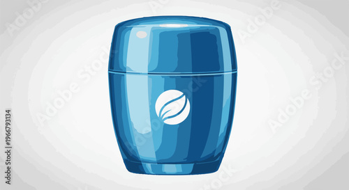 A glossy blue cylindrical container with a white circular logo depicting two stylized leaves