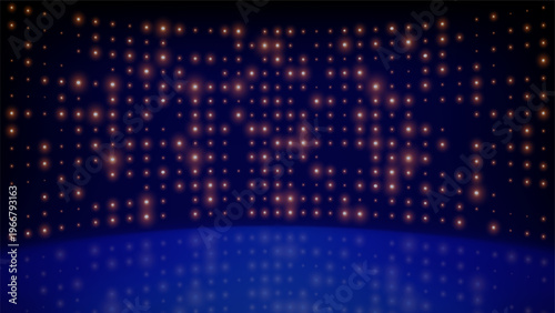 Flashing blue background led wall lights, stage. Red glowing dots abstract blue background. Tech inspired abstract backdrop. Bright flicker stage lights. Futuristic dot pattern. Vector illustration