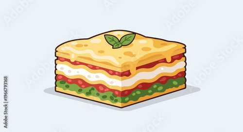 A delicious, layered square slice of lasagna with melted cheese