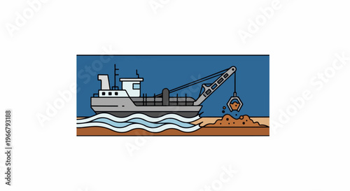 A crane ship extracts material from the seabed into its hull