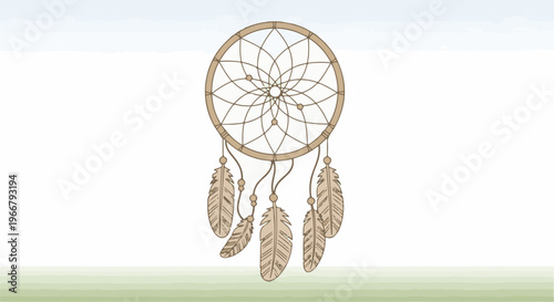 A dreamcatcher with feathers hangs against a light blue sky and green ground