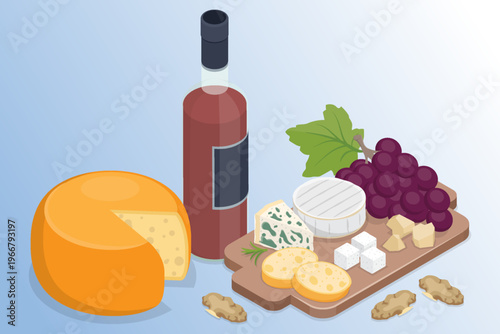 Bottle of red wine and wooden board with gourmet cheese platter featuring various cheeses like brie, swiss, blue cheese, parmesan and nuts. 3d flat isometric vector illustration.