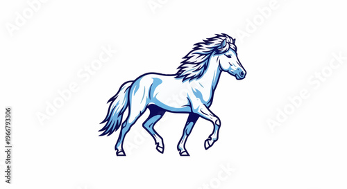 A dynamic, stylized blue and white horse trots powerfully across a blank canvas