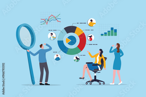 Market research analysis, customer or employee statistic optimization, consumer diagram or visitor traffic plan, recruitment or marketing promotion, business people analyze data with chart and graph.