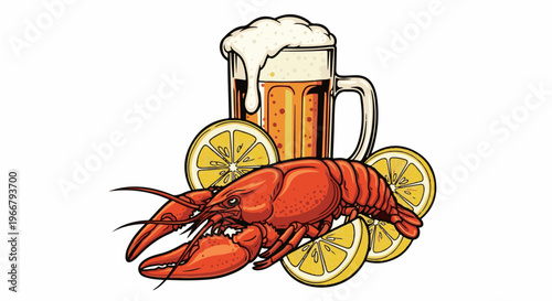 A cooked lobster sits before a frothy beer mug and lemon slices