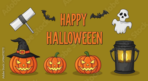 Vibrant collection of Halloween elements featuring carved jack-o'-lanterns, spooky ghost, flying bats, and festive witch hat, perfect for seasonal celebrations