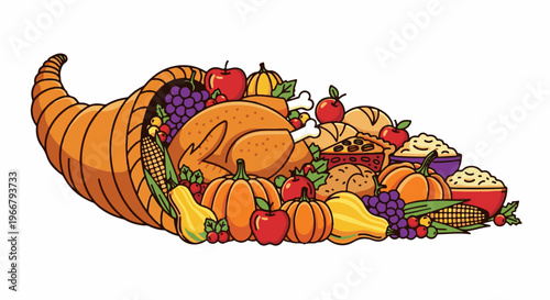 A cornucopia overflowing with Thanksgiving harvest foods