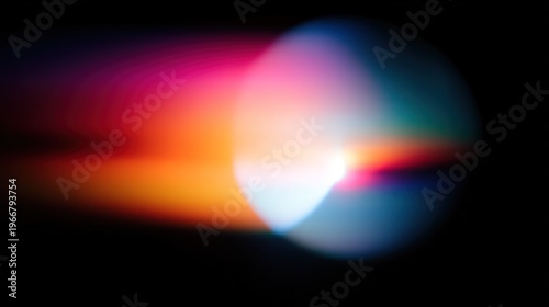 Close-up of colorful glowing light from object with blurred background, low angle view on black backdrop, lens flare effect, rainbow gradient in red, orange, yellow, green, blue, purple, pink and whit