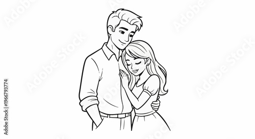 A couple embraces tenderly, a man with arms around a woman resting her head on his shoulder