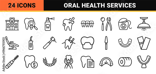 Professional Dental Care and Stomatology Outline Symbols for Healthcare Interfaces featuring Minimalist Monoline Geometric Aesthetic