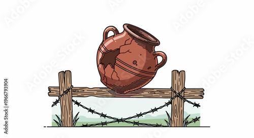 A cracked ancient clay pot sits precariously atop a wooden fence with barbed wire