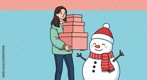 Happy woman holding stack of gift boxes next to a friendly snowman, celebrating winter holidays with presents and festive cheer