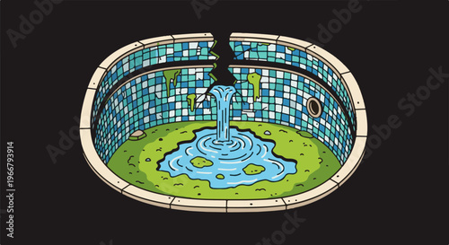 A cracked, tiled basin with a green floor and a small waterfall feeding a pool