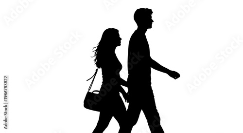 Silhouette of a couple walking side-by-side on a white background, appearing to be on a casual stroll or heading to an event