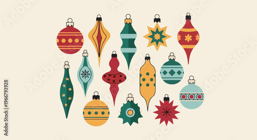 A collection of retro-style Christmas ornaments with various geometric patterns
