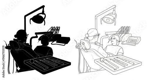 Dentist examining a patient in a dental chair, illustration