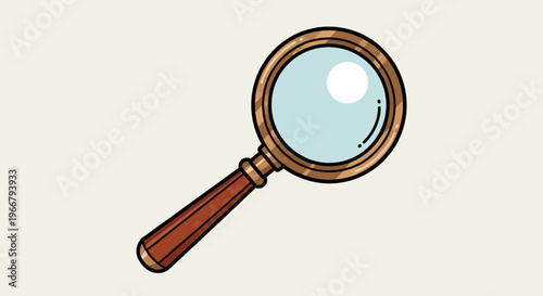 Illustration of a classic magnifying glass with a wooden handle and a golden frame, representing search, investigation, and discovery