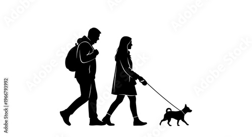 Silhouette illustration of a couple walking their small pet dog, symbolizing companionship, outdoor activity, and a healthy lifestyle