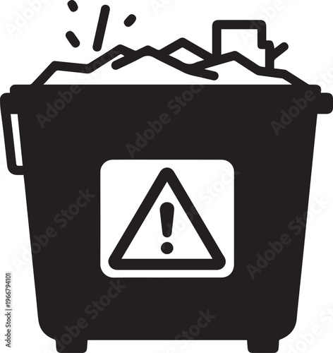 A simple black and white illustration of a full garbage can with an attention-grabbing warning sign, it vividly illustrates concepts of waste, and environmental awareness