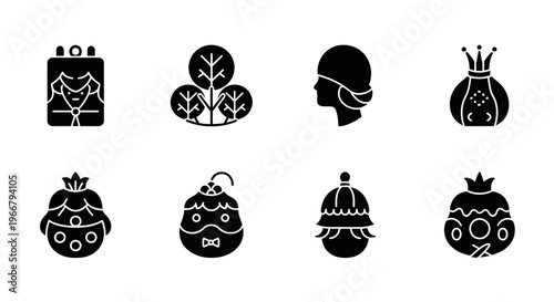Collection of Christmas bauble icons and royal headwear symbols