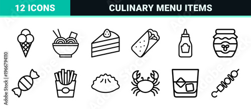 Minimalist Monoline Food and Drink Icon Set Featuring Geometric Line Art for Digital Menus and Professional Restaurant Interface Design